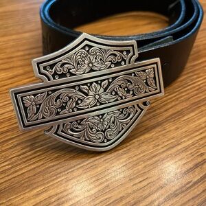 VTG Harley-Davidson 3X Black Leather Belt Floral Bar & Shield Buckle 2017 Unisex